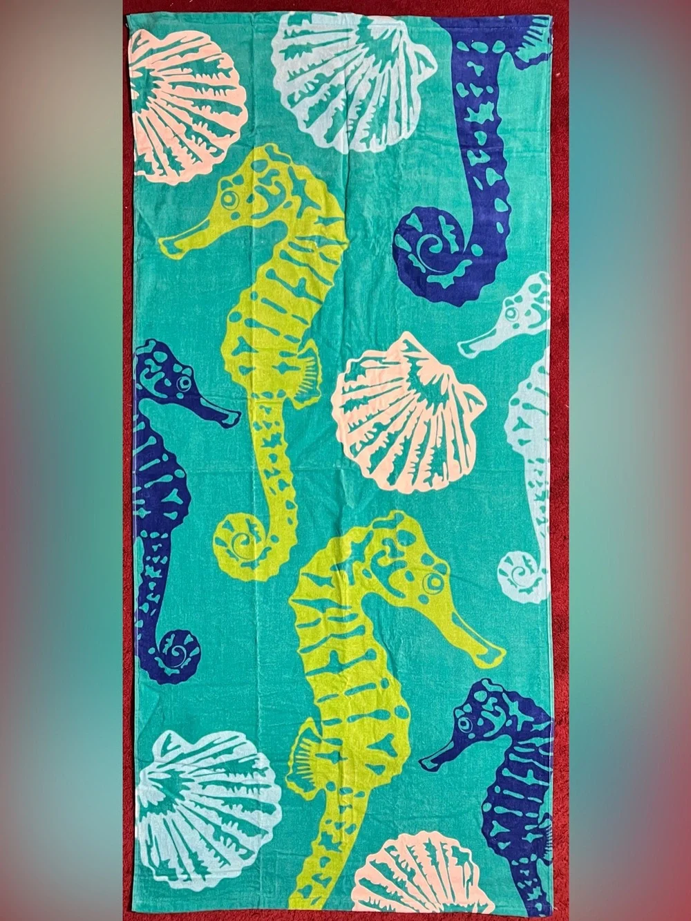 Teal Seahorse and Scallop Seashells Beach Towel